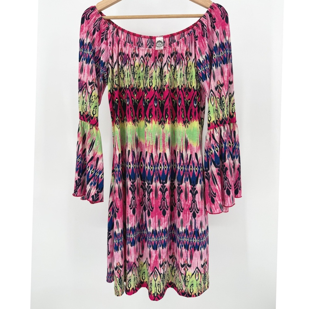 2B Together Women's L Bell Sleeve Off Shoulder‎ Boho Print Dress Festival Bright